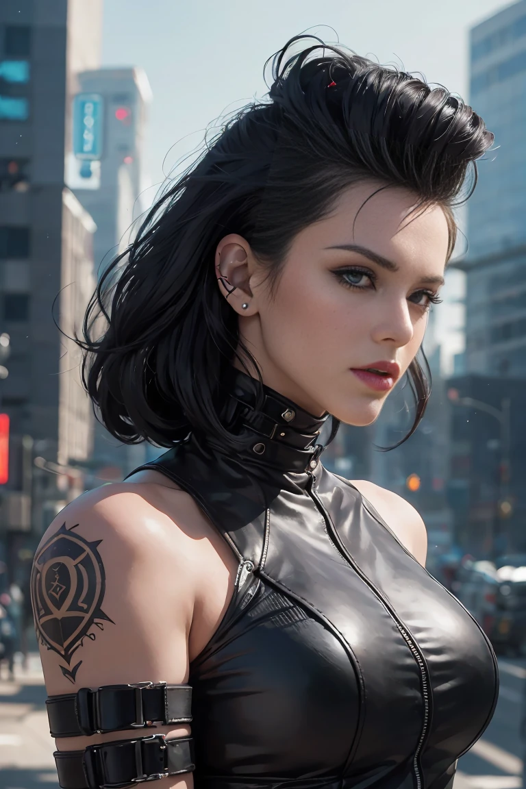 Point de vue: ((((Énorme cul gigantesque)))) coiffure courte mohawk punk rock noir néon, armure de combat cyberpunk à capuche futuriste d'inspiration Harajuku, des tonnes de tatouages et de piercings, maigre, mince et épais, taille, 8k, UHD, (butin courbé accentué et levé), fond de cyber-ville futuriste