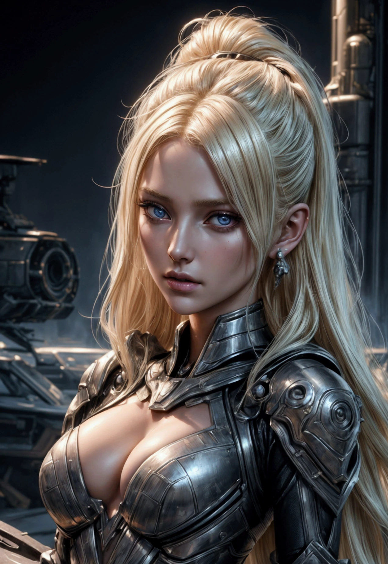 High-quality 4K, Beautiful light and shadow, Atmosphere, An attractive scene that evokes youth, Alien City, A blonde woman with long pointy ears who is a bounty hunter, (very beautiful detailed face), Symmetrical face, Detailed eyes, High-end clothing, Digital Painting, Detailed artwork, Sharp focus, Artistic depiction