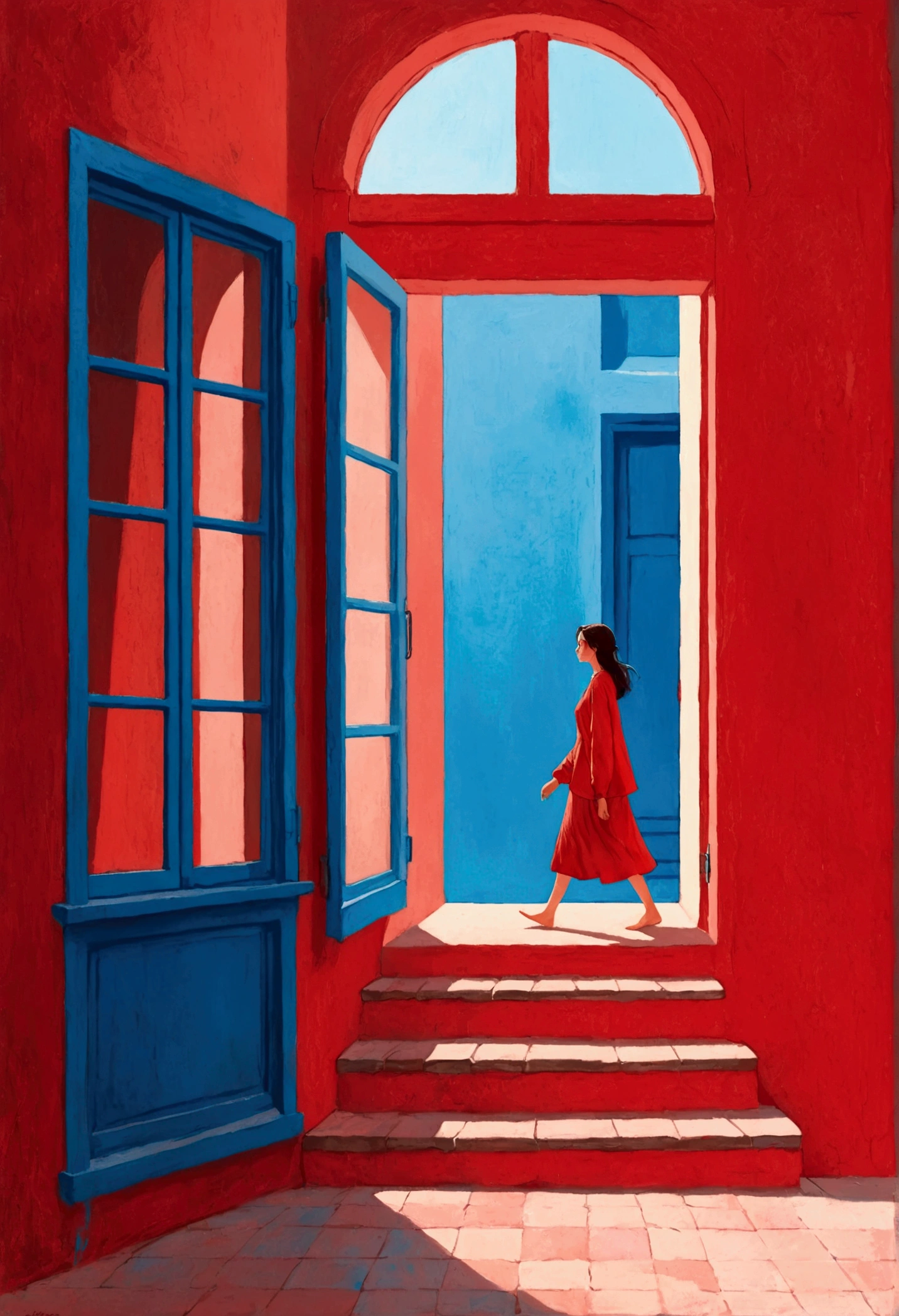 A painting。pastel artwork。Minimalist style,A woman walks in front of a blue window, Red Wall,girl, Red background。panoramic,angle of light