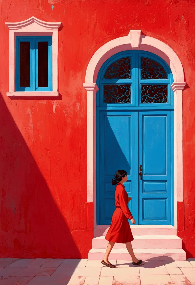 A painting。pastel artwork。Minimalist style，A woman walks in front of a blue window, Red Wall，girl, Red background。panoramic，angle of light