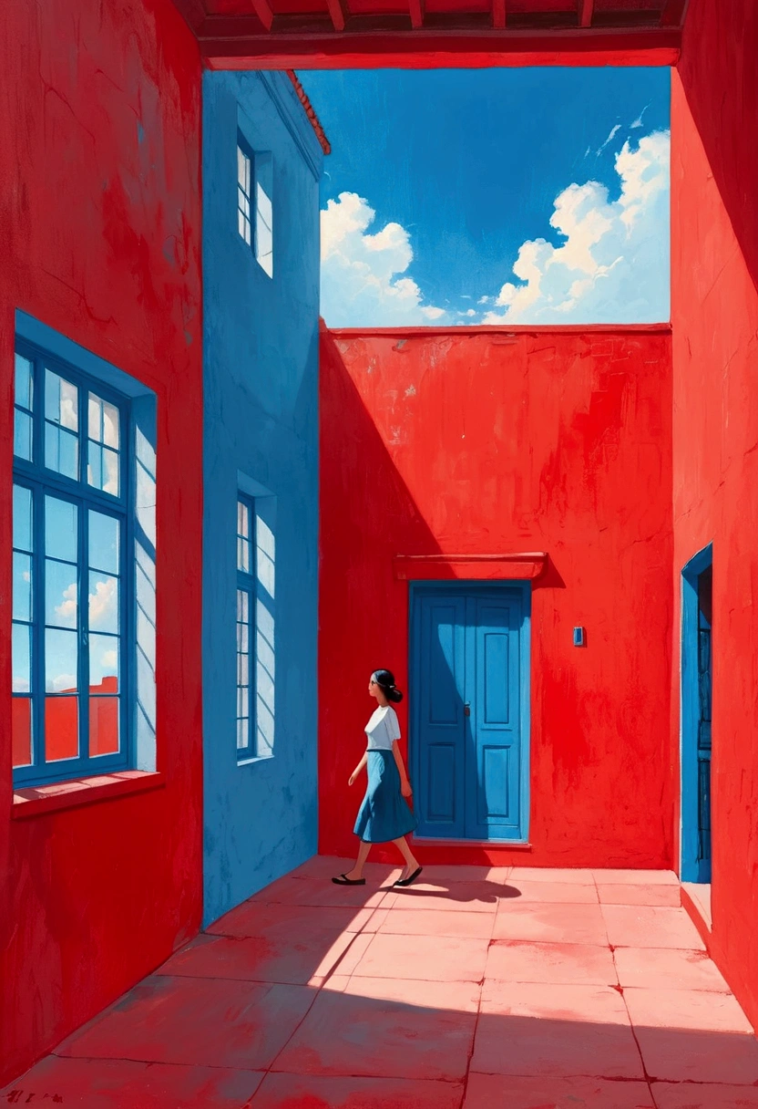 A painting。pastel artwork。Minimalist style,A woman walks in front of a blue window, Red Wall,girl, Red background。panoramic,angle of light