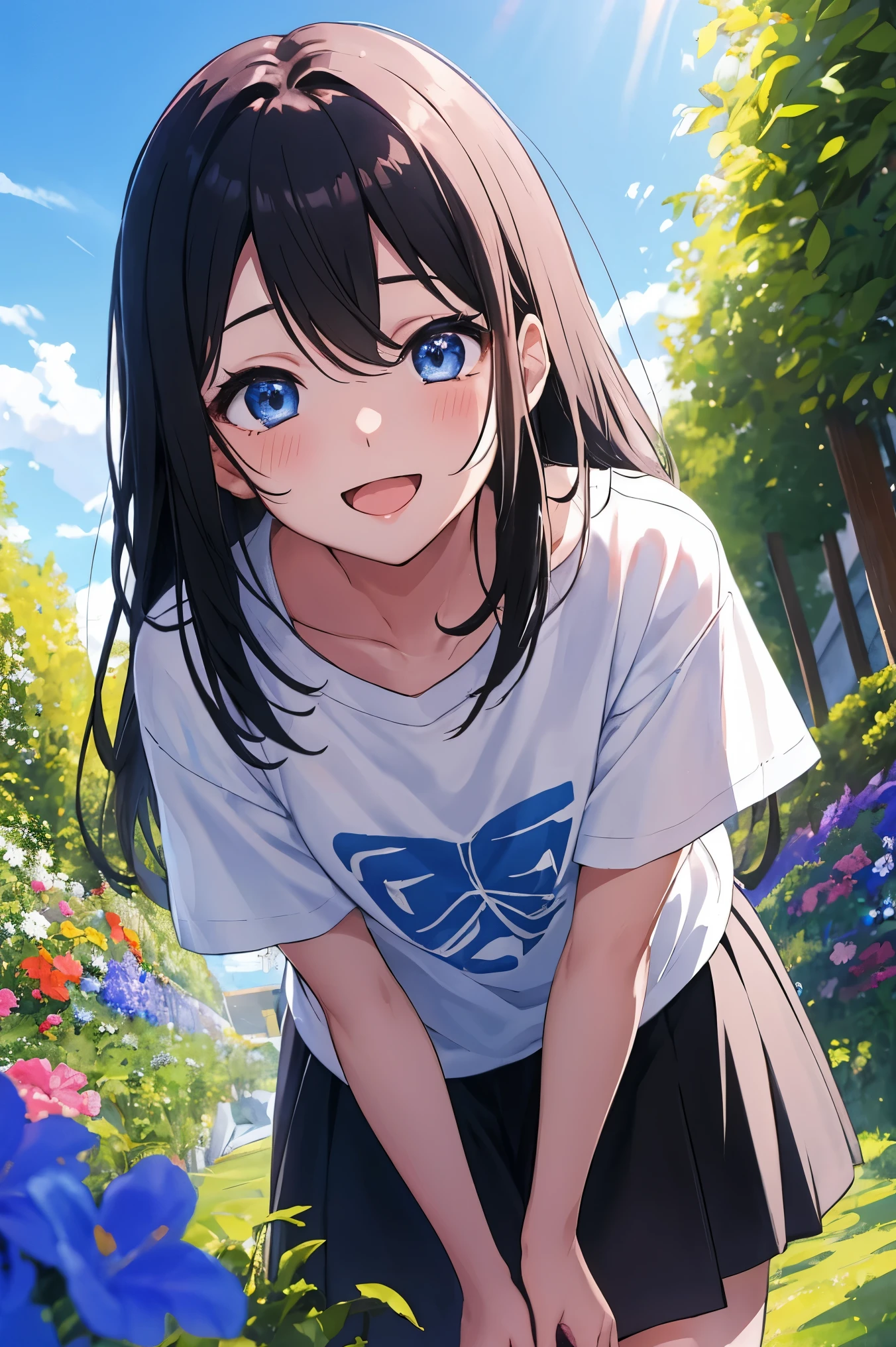 masterpiece、Anime Coloring、Ultra-fine、、、One Girl、Please open your mouth wide、lower angle、Cowboy Shot、Looking into the camera、smile、blush、Watery eye、Parted bangs、dullTshirt、Leaning forward、garden、blue sky、sunny、