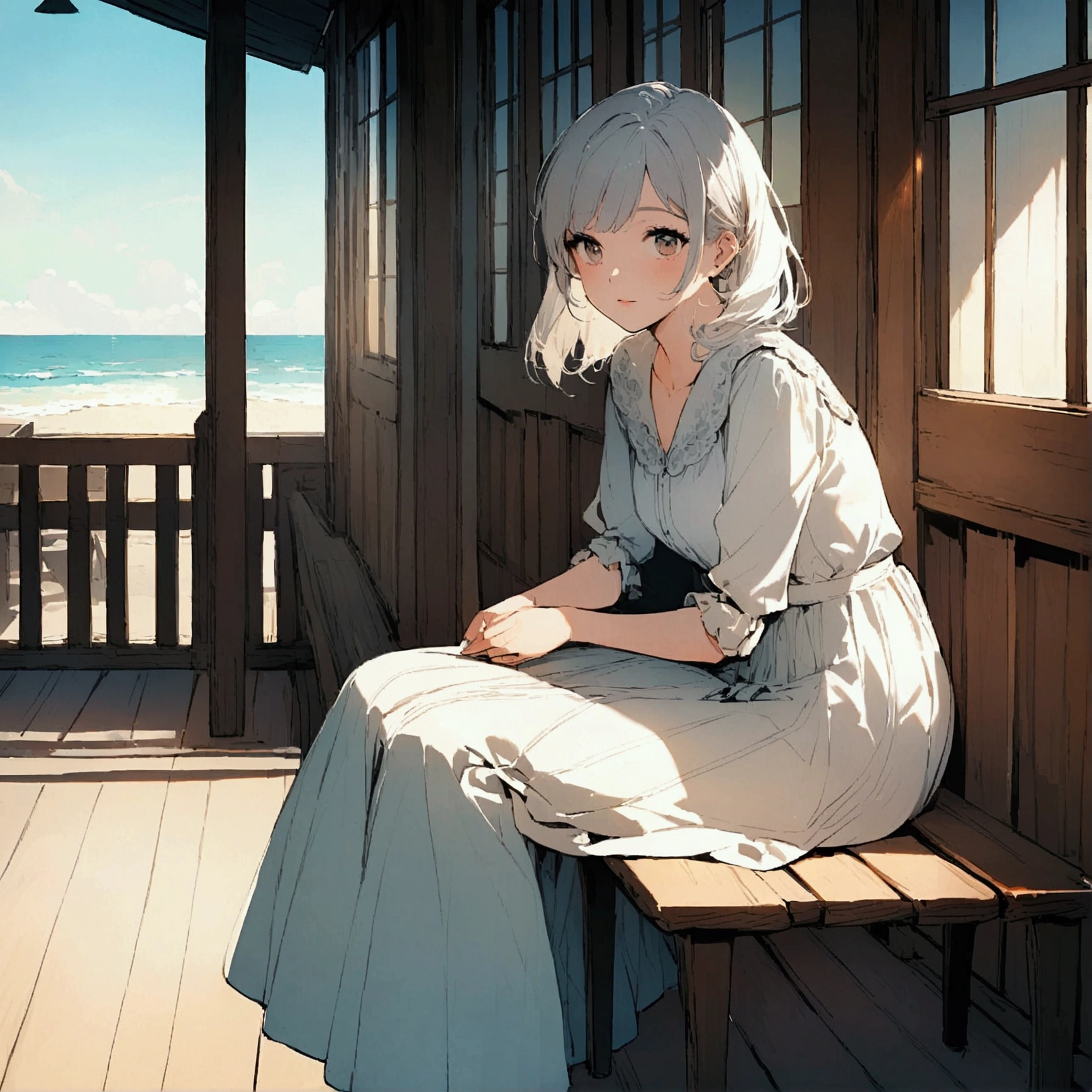 Seaside house, sitting girl, nostalgic