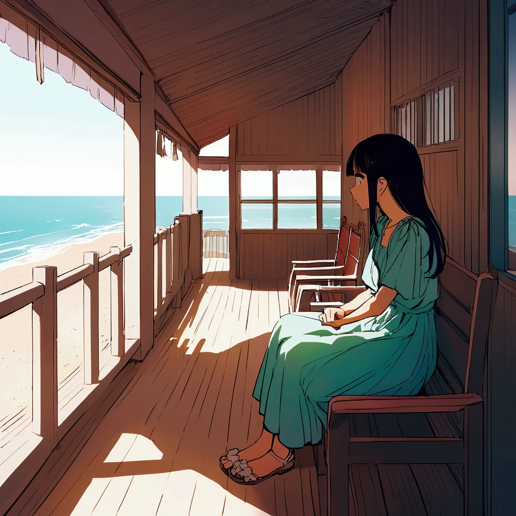 Seaside house, sitting girl, nostalgic