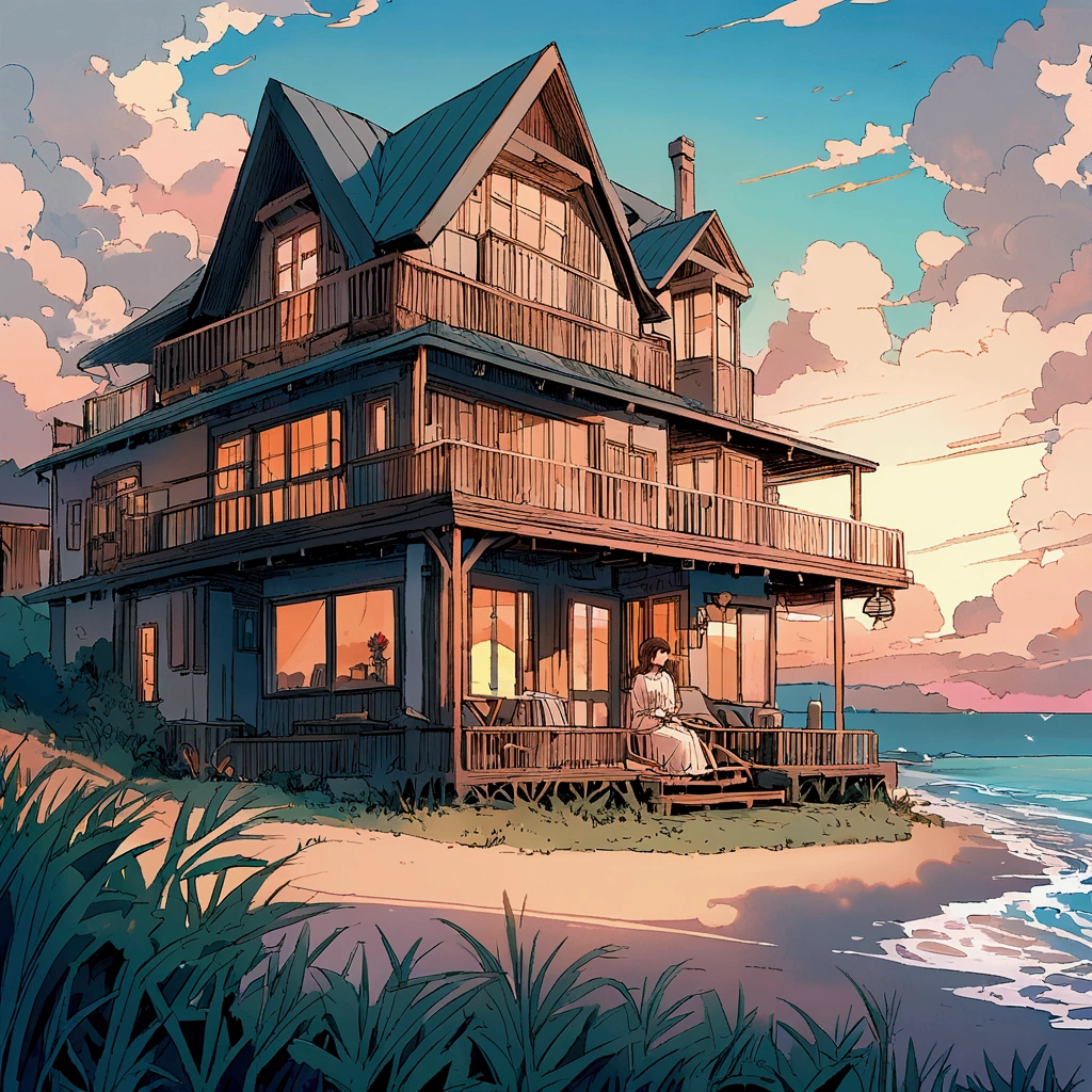 Seaside house, sitting girl, nostalgic