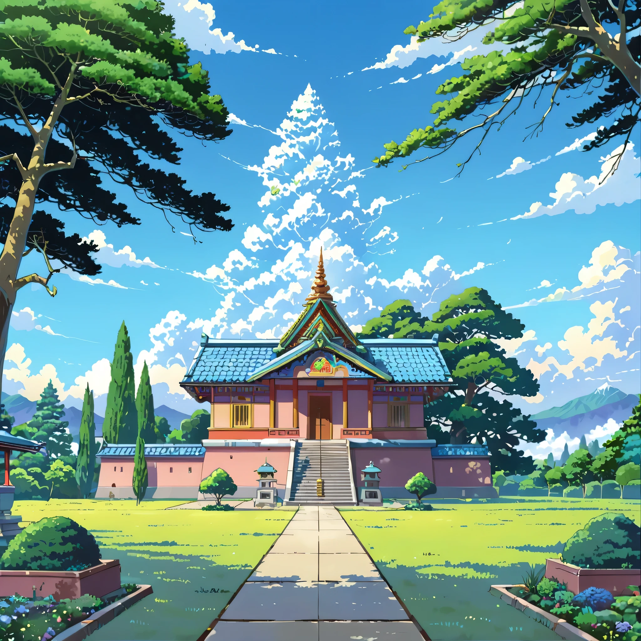 ((anime:1.4,illustration)),(masterpiece, top quality, best quality),(ultra-detailed, absolutely resolution),((16k, high res)). BREAK {lofi art, style of Laurie Greasley, style of Makoto Shinkai, anime aesthetic}, BREAK {big garden, in middle a hindu temple, tree on its left and right, blue cloudy sky}