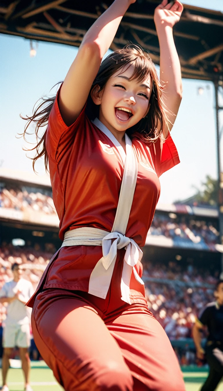 a highly detailed photograph of a woman jumping with joy, arms raised up in the air, with an expression of pure happiness and excitement on her face, after winning a karate championship competition, after final punch that win the mach,   sunlight filtering through the scene, ultra-detailed, (best quality,4k,8k,highres,masterpiece:1.2),ultra-detailed,(realistic,photorealistic,photo-realistic:1.37),professional photographer, vivid colors, warm lighting, depth of field, dramatic composition