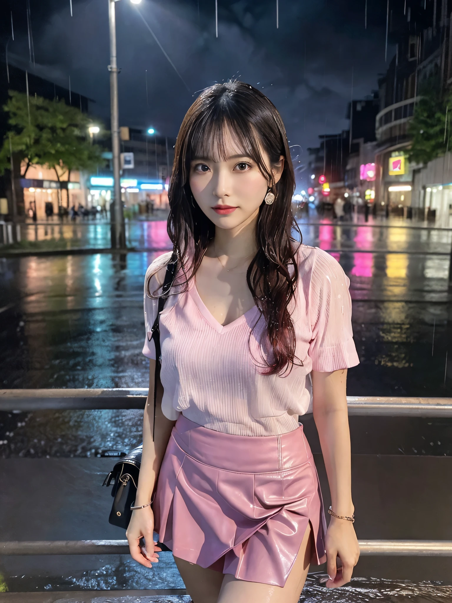 (Realistic:1.5, 16K, Highest quality, masterpiece, Ultra-high resolution), ((Typhoon heavy rain, From below)), Perfect dynamic composition:1.2, (Modern city at night, Expressions of sadness:0.9, Sit on the stairs:1.0), Highly detailed skin and facial textures:1.2, Young Japanese woman getting wet in the rain:1.3, Incredibly slim body:1.2, Fair skin:1.2, Sexy beauty:1.1, beautifully、beautiful:1.1, Very beautiful face:1.2, Water droplets on the skin, (Rain drips down on my body:1.2, Wet body:1.2, Wet Hair:1.3), (Wet pink tight skirt:1.2, Wearing wet casual clothes:1.3), (Shapely large breasts, Chest gap), (Big eyes that exude beautiful eroticism:0.8, Lips that exude beautiful eroticism:0.8), necklace, Earrings, bracelet, wedding ring, Shoulder bag, clock, Cowboy Shot