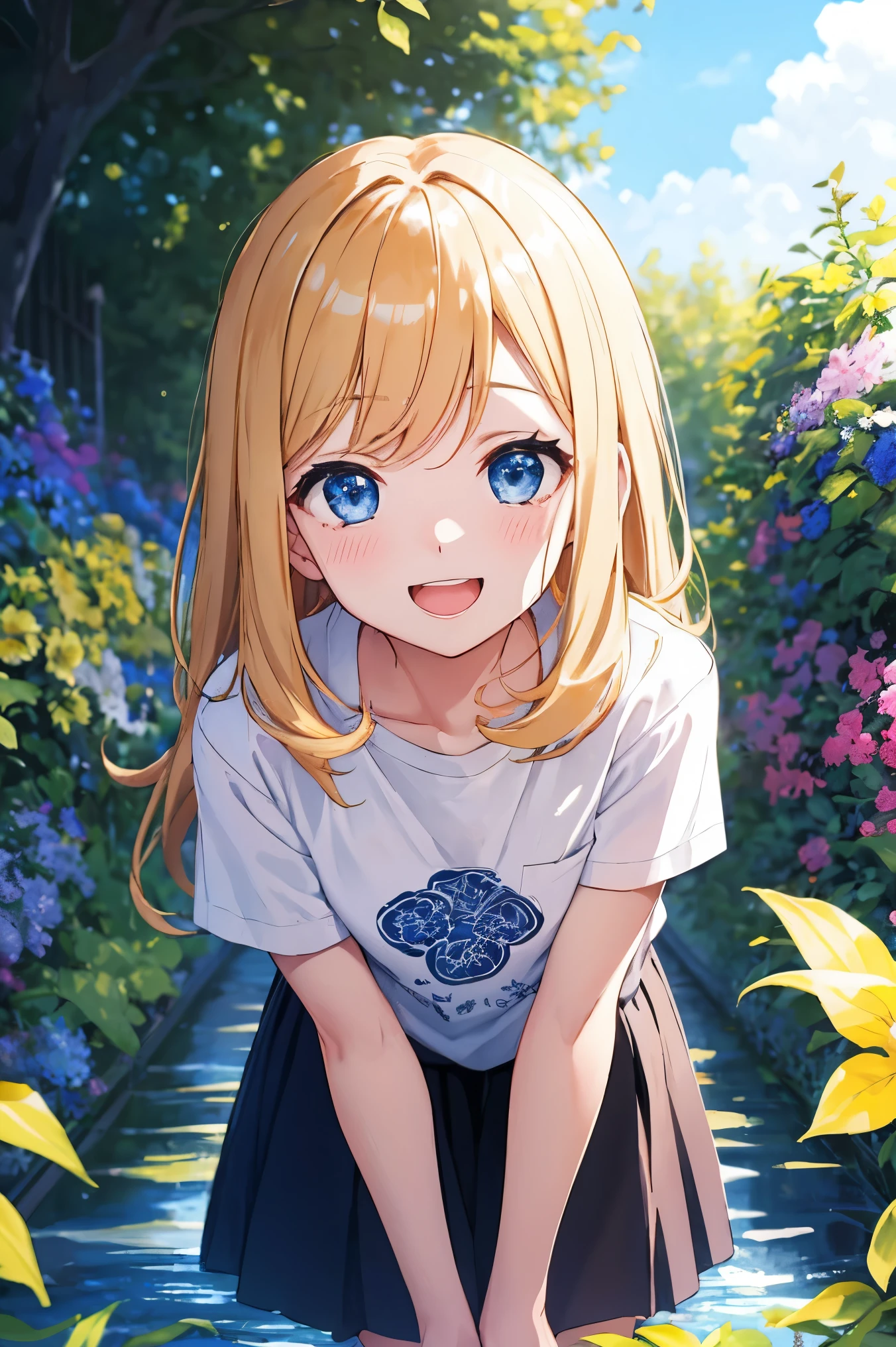 masterpiece、Anime Coloring、Ultra-fine、、、One Girl、Please open your mouth wide、lower angle、Cowboy Shot、Looking into the camera、smile、blush、Watery eye、Parted bangs、dullTshirt、Leaning forward、garden、blue sky、sunny、