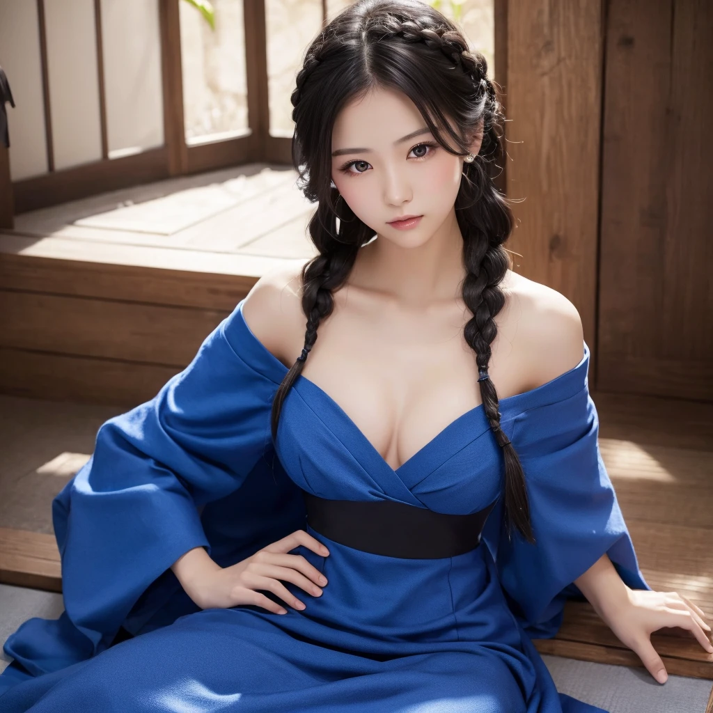 Japanese、High resolution, beautiful girl, Black Hair, Long Hair, Braid, Blue Dress, sexy, Chest exposed, Shoulder Bare, One girl, 