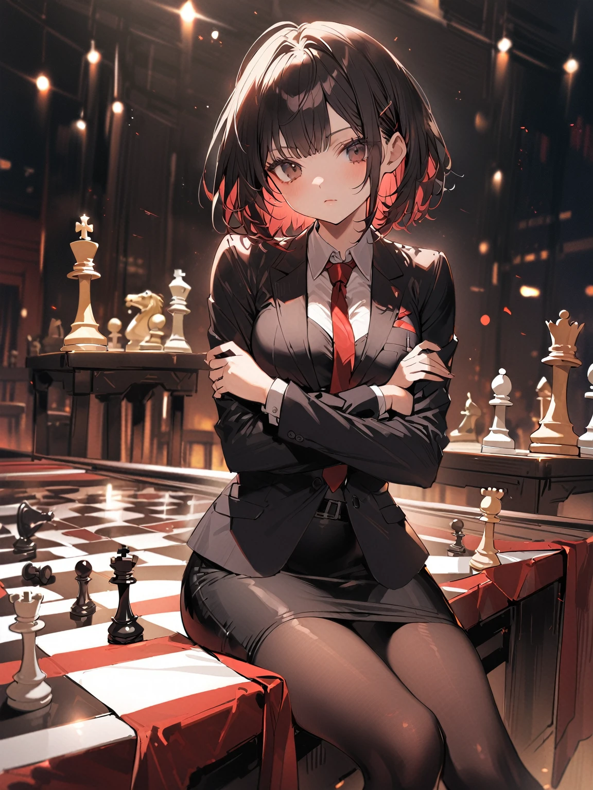 1Women,(black Short hair),(medium breasts),(She sits near a chess table),(black eyes),(Red cheeks),(Expressionless face),(women's stockings),(Necktie),(Work jacket),(Tight skirt),(cross arms),(Low angle)