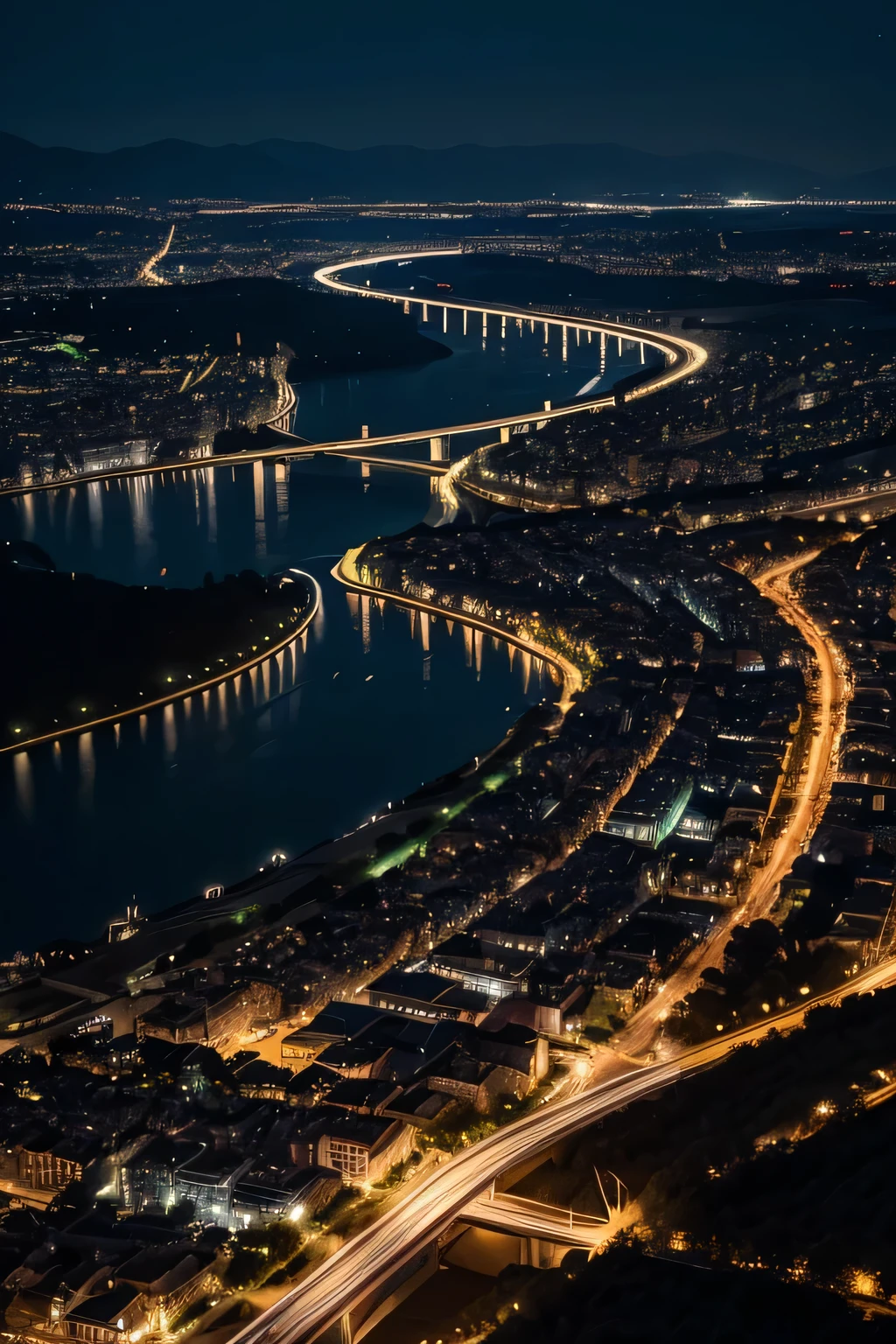 A city at night in the middle of a valley, In the middle of the valley there is a city with less lit buildings and houses, night vision, It&#39;s a very dark night with a big dark starry sky, best qualityer, realisitic