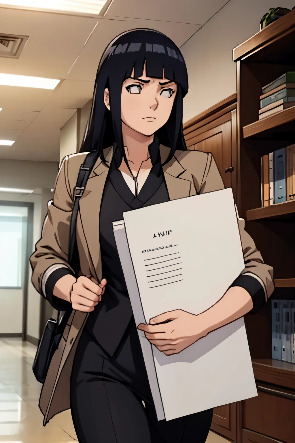 Best quality，Hinata FF7, 1 Girl,Wearing professional attire，Black hair，Holding documents，worry，run，office