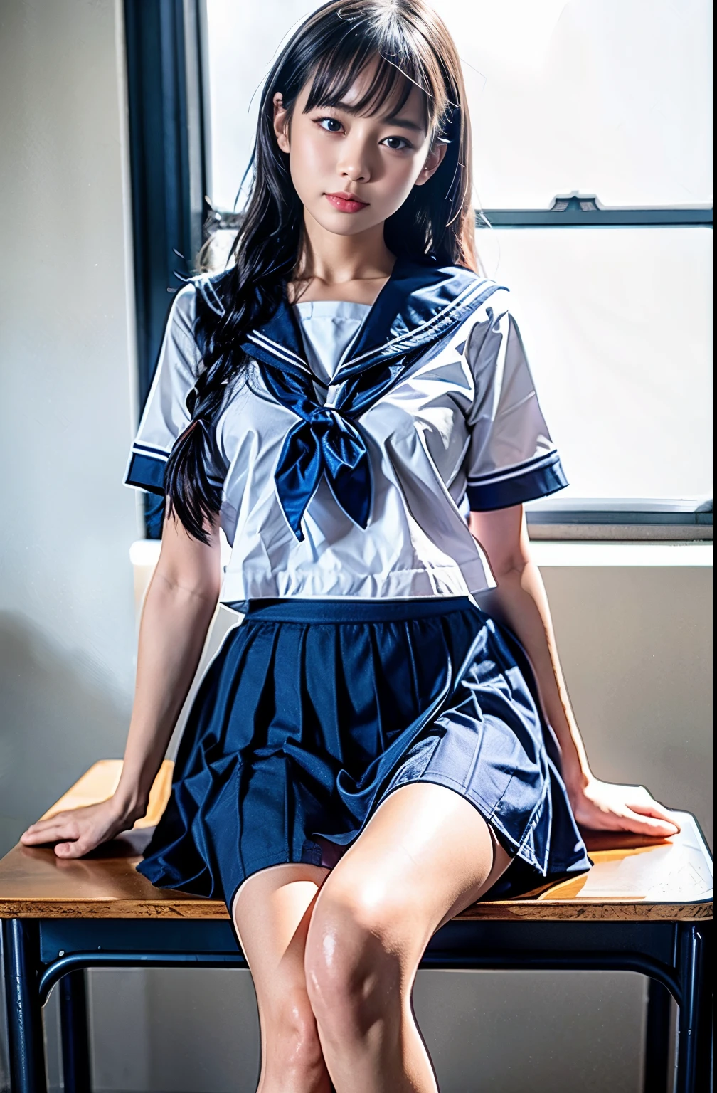 Raw photo , 1 girl  ,Wearing sailor uniform, (((ankle length skirt))), ((teen school girl lifting skirt in the classroom)) , professional photographer, (hdr:1.4), masterpiece, ultra-realistic 8k, perfect artwork, intrincate details, cute face, award winning photograph, (Best quality, 8k, 32k, Masterpiece, UHD:1.3) ,