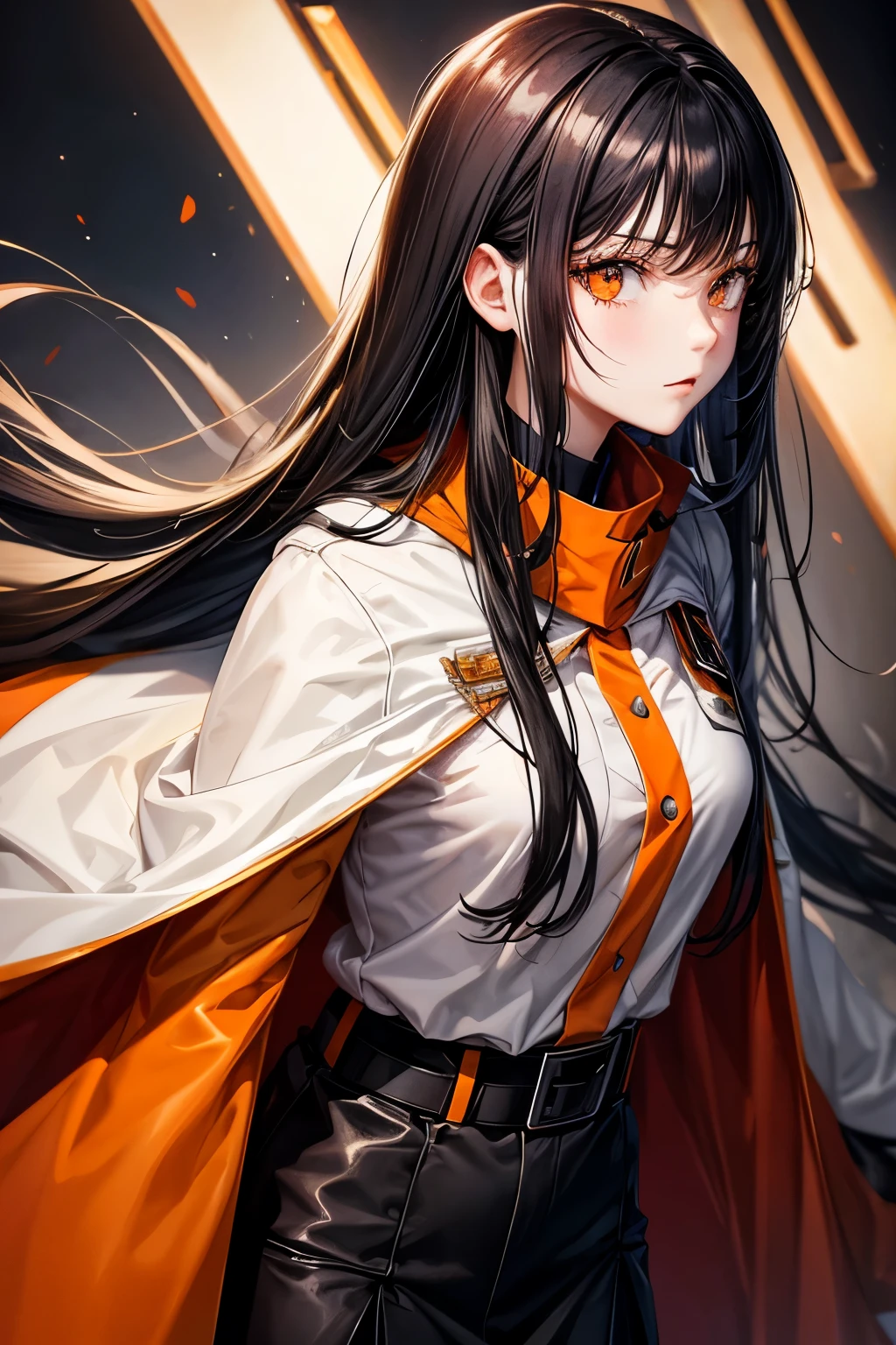 Long black hair white 17 year old girl wearing military uniform, Orange cape, big hazel eyes, Science Fiction, Dark Mood, Charturnerv2