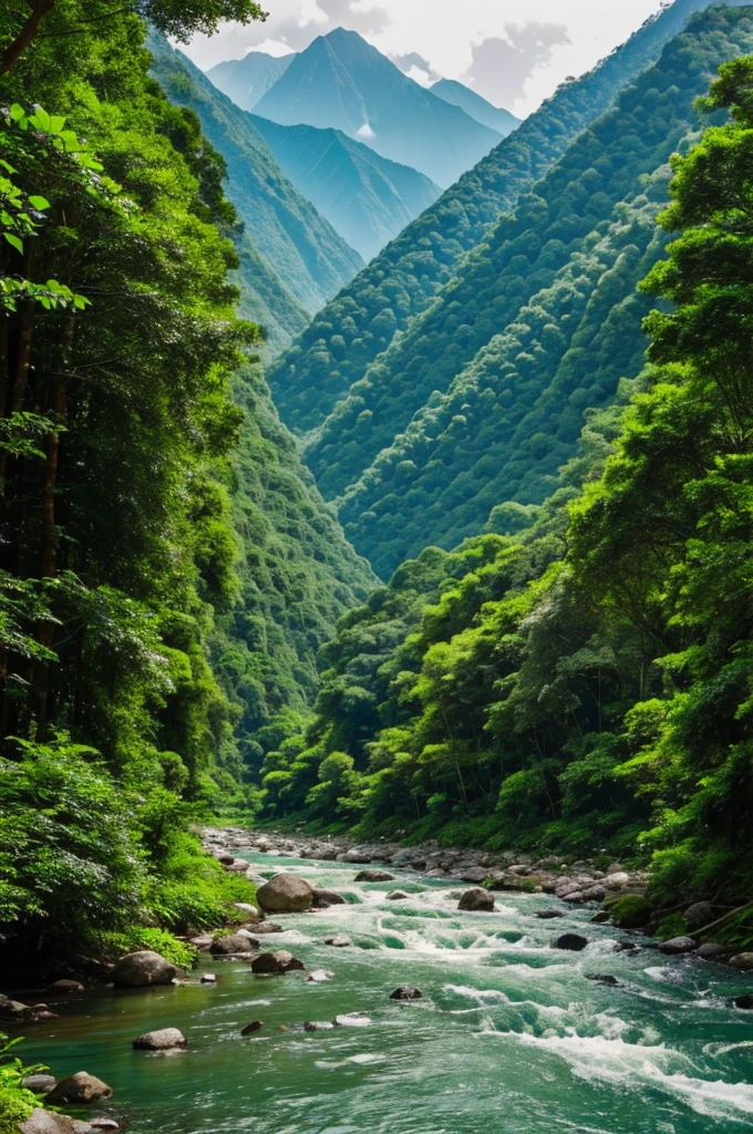 A serene view of towering mountains covered in lush green forests, with a crystal-clear river flowing through the valley.