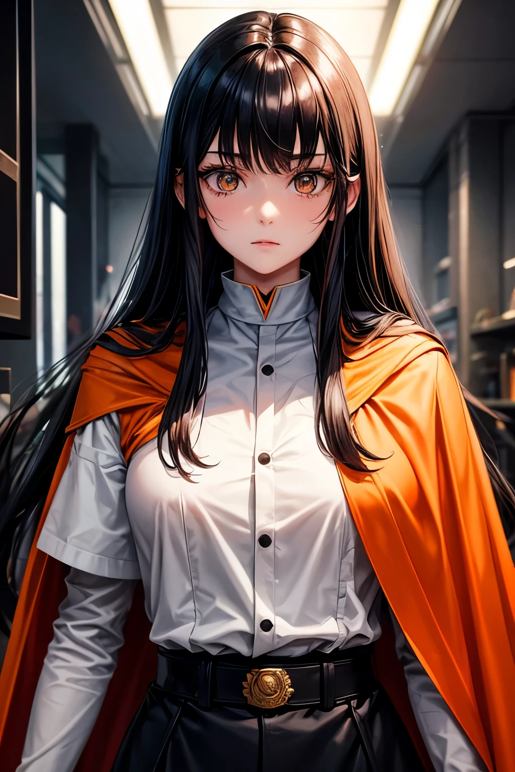 Long black hair white 17 year old girl wearing military uniform, Orange cape, big hazel eyes, Science Fiction, Dark Mood, Charturnerv2