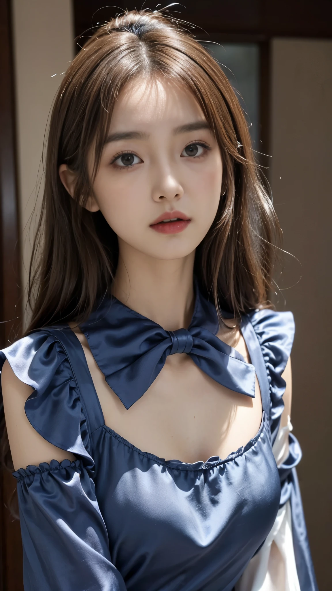 ((Sayaka Okada、Baby Face:1.2、beautiful girl))、Highest quality、Highest quality、Masterpiece、Ultra high definition、Realistic、Slender body line、Cute Face、Moisturizing lips、Cleavage、(Gaze at the viewer:1.2、Have a sexually greedy look:1.3)、(Smooth straight hair、Brown Hair:1.3)、(Square neck:1.4、Navy blue silk puff sleeve blouse:1.4)
