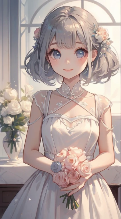 masterpiece, Highest quality, One girl, Gray Hair, smile, View your viewers, Adult, Fully mature, Holding flowers、high resolution、Ultra delicate、8k、Big eyes、Luxury Dresses