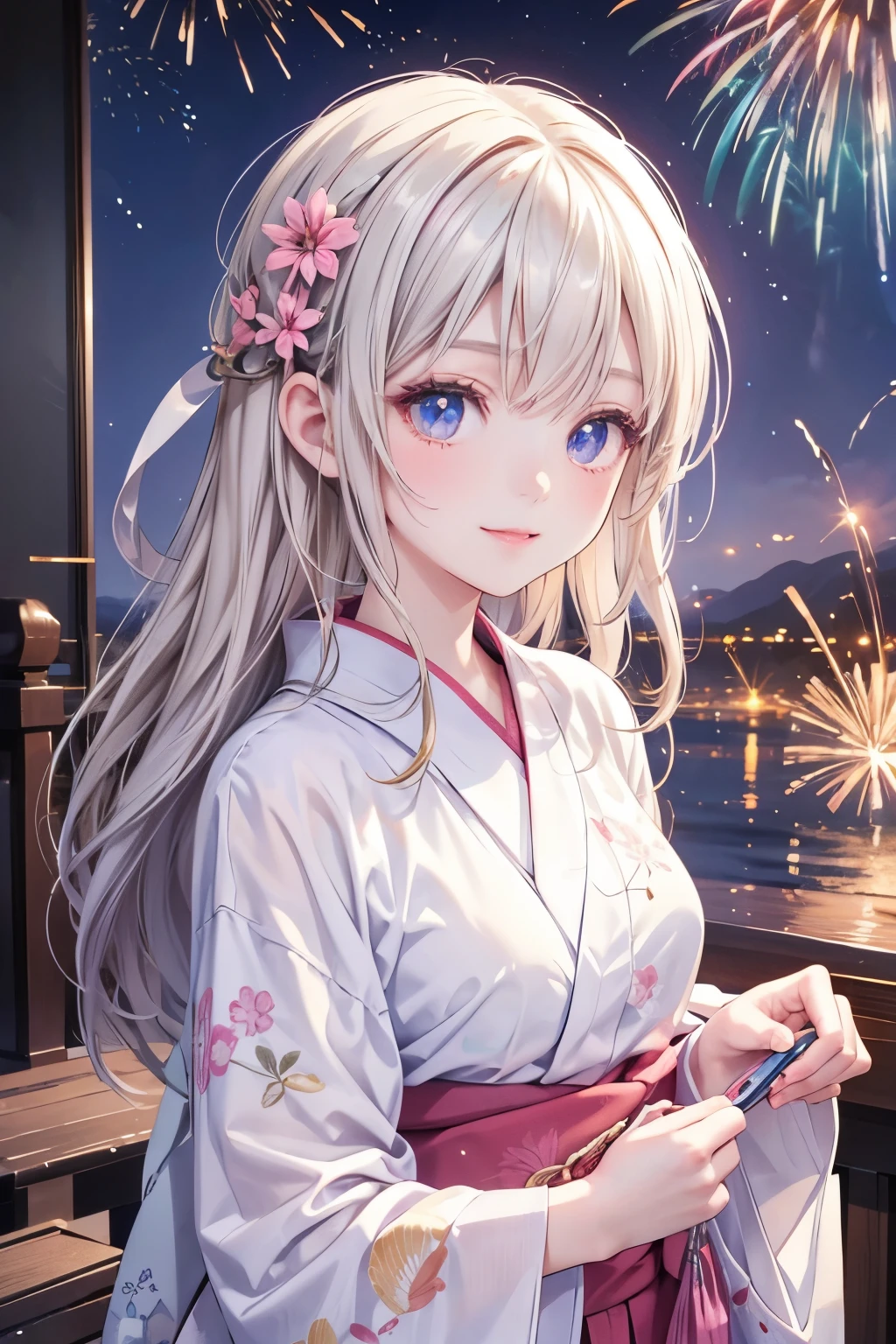 masterpiece,Highest quality,Very detailed,beautiful girl,Beautifully patterned yukata,Vision, ager,Perfect Face,Beautiful and detailed eyes,Beautiful Skin,skinny,Dynamic,Night Sky,firework,smile