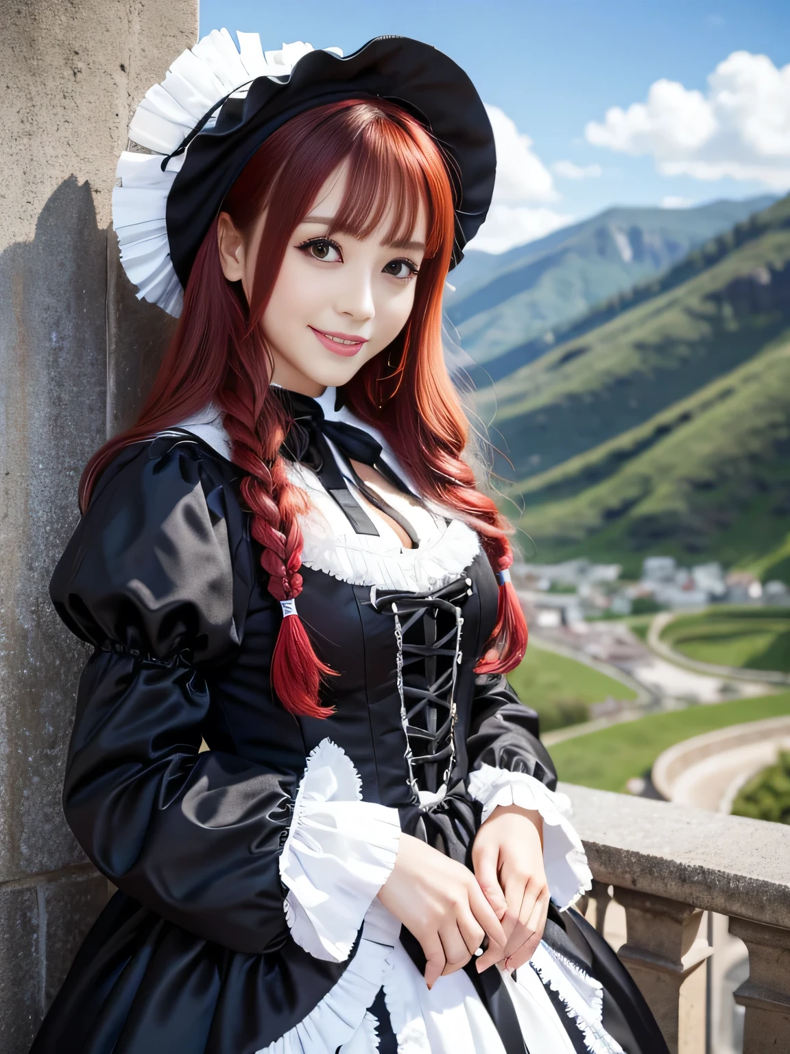 Perfect Anatomy、Highest quality、Masseter muscle area、18-year-old、smile、Smiling with teeth showing、Ultra-detailed、8k、Mountain landscape、Accurate depiction of the human body、Full body angle、Delicately painted face、Woman with beautiful face、Gothic Lolita Fashion、Black Gothic Lolita Fashion、Black and white costume、Beautiful silky black hair:1.5、Big red hair ornament、Red ribbon hair ornament、Big red hair ornament、Are standing、Front Angle、Full body angle、