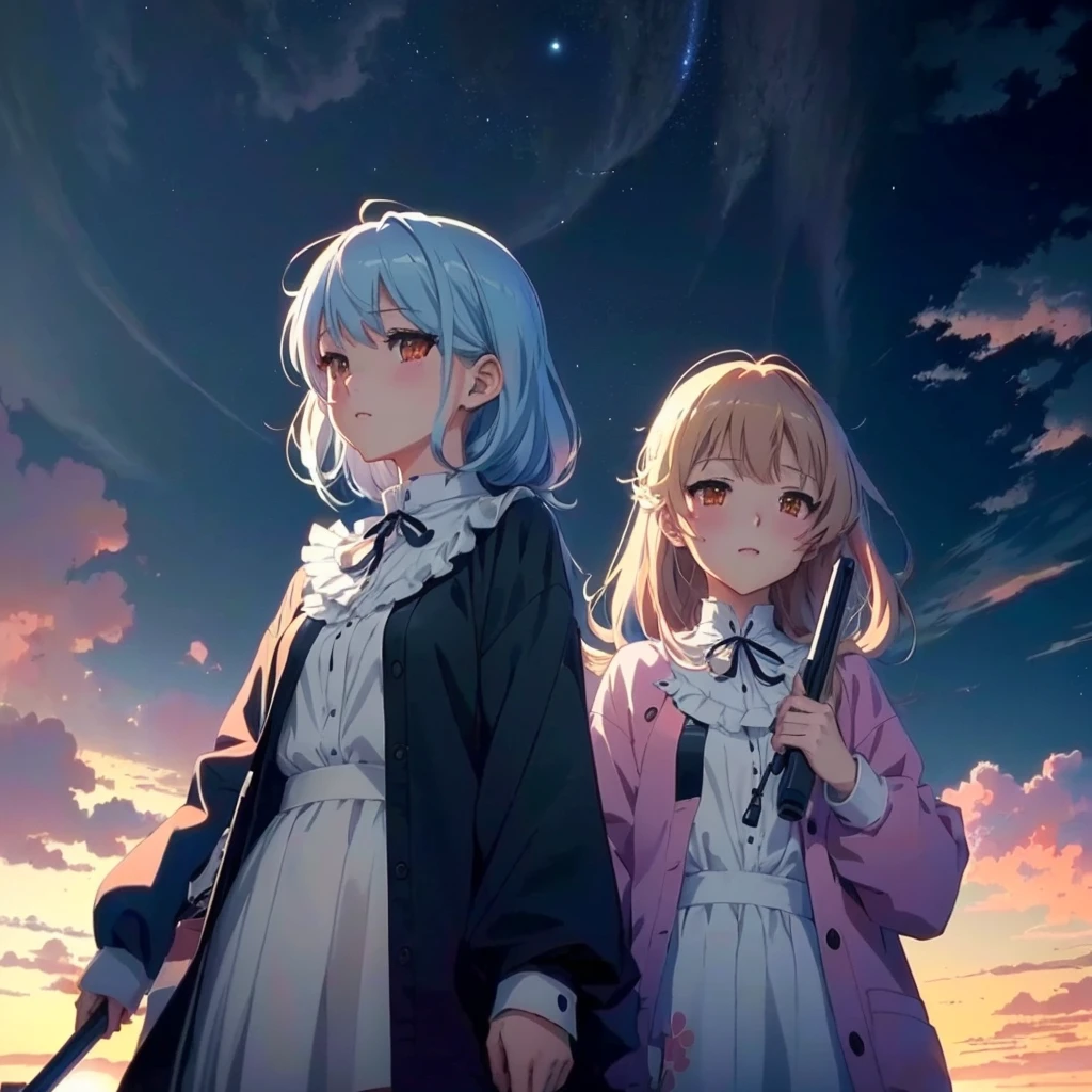 Anime image of two girls standing in front of a sunset, artwork in the style of Gwaiz, Gwaiz, high detailed Official artwork, Gwaiz on pixiv artstation, Gwaiz on artstation pixiv, Anime Style 4k, Official artwork, Anime Art Wallpapers 8K, Digital anime illustration, Official illustrations, Kantai Collection Style