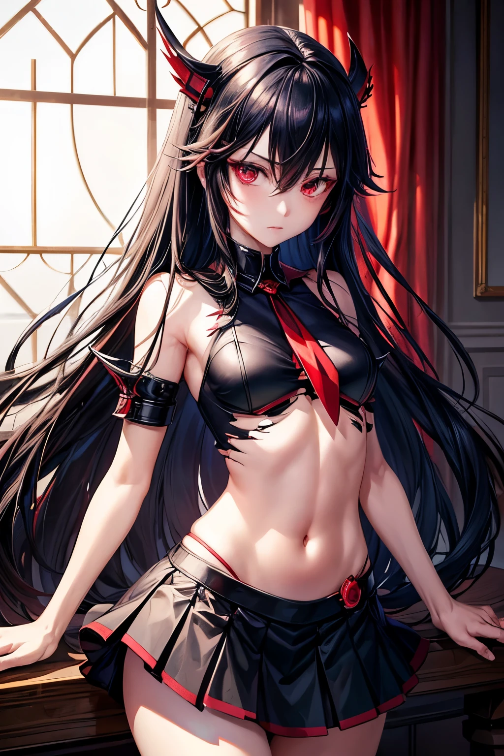 fair, masterpiece, best quality, extremely detailed face, Perfect lighting,1 girl, alone, Ryuko Maai, Black Seraph, Black skirt, Red hair, Immortal Jue, Torn clothes, Lower chest