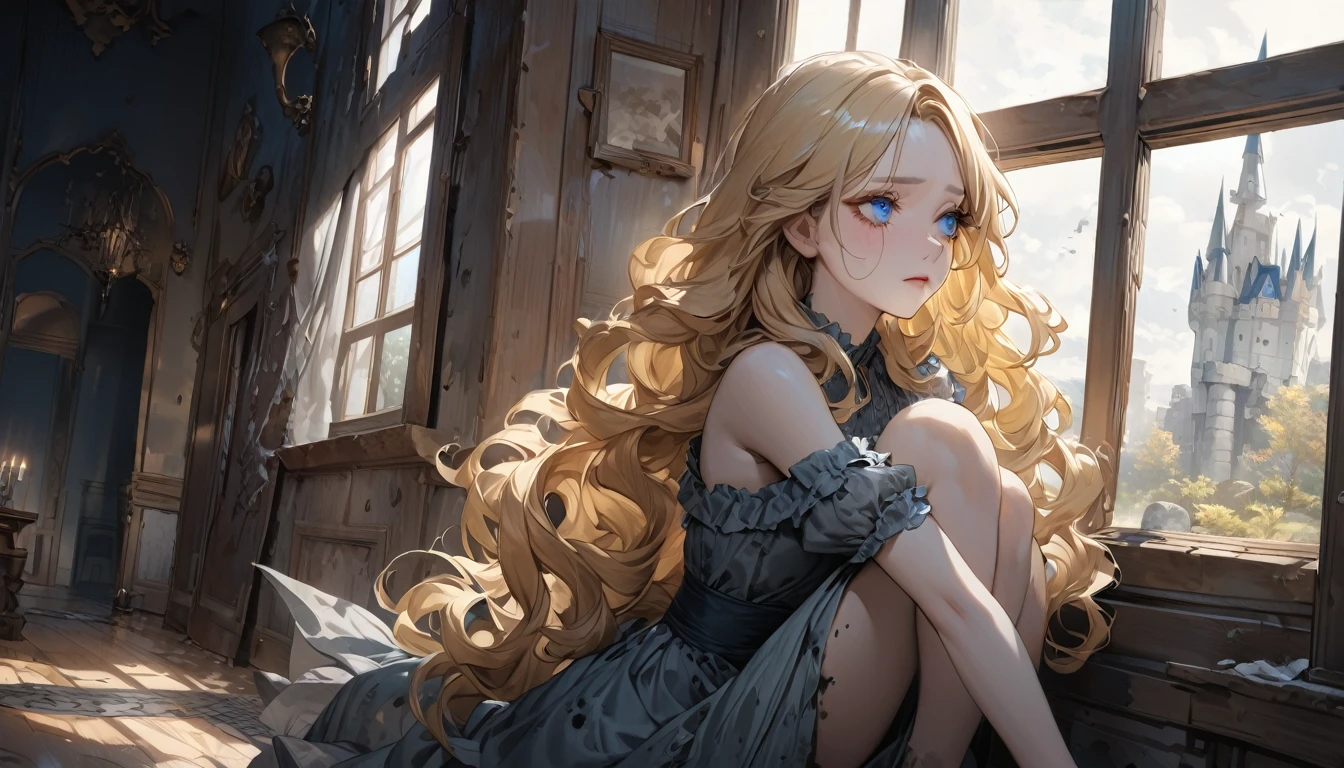 master piece, ultra detailed, hyper realistic, A female servant stares out of a window at a castle in the distance, 20yo, Ragged and shabby servant dress, covered in soot, shedding tears and reflecting a deep sadness, wavy hair, yellow hair, silky hair, blue eyes, long eyelashes, yellow eyebrows, pale skin, Fairy Tale World Feel, large window, looking away,