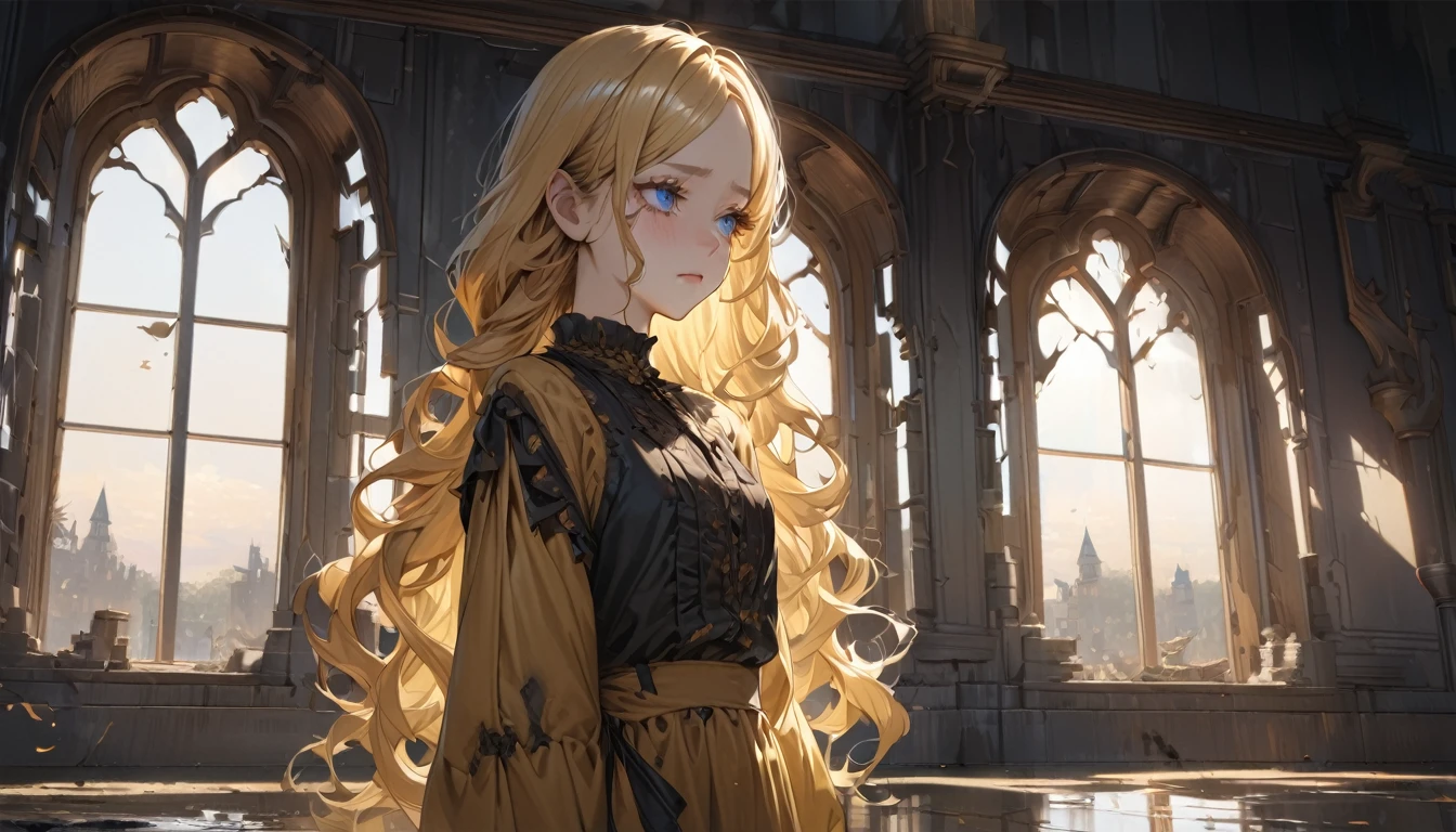 master piece, ultra detailed, hyper realistic, A female servant stares out of a window at a castle in the distance, 20yo, Ragged and shabby servant dress, covered in soot, shedding tears and reflecting a deep sadness, wavy hair, yellow hair, silky hair, blue eyes, long eyelashes, yellow eyebrows, pale skin, Fairy Tale World Feel, large window, looking away, 