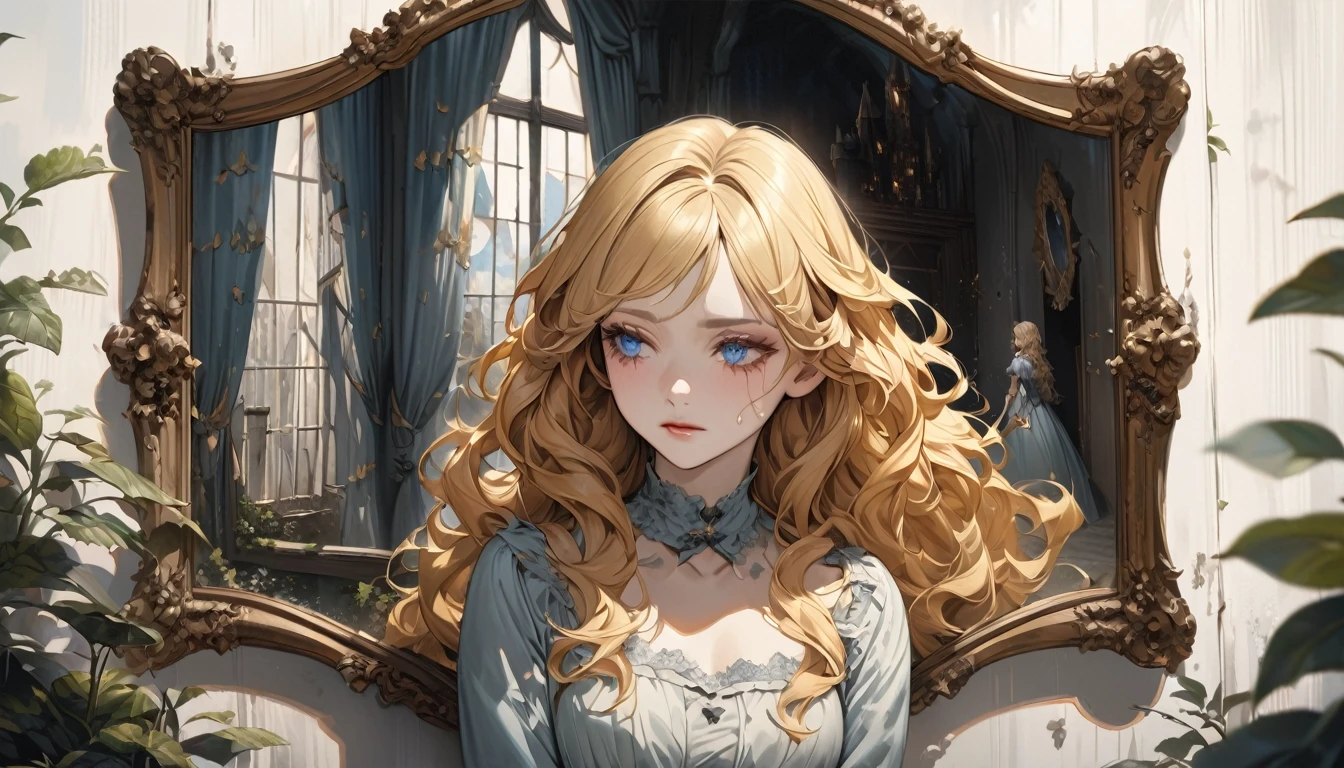 master piece, ultra detailed, hyper realistic, A female servant stares out of a window at a castle in the distance, 20yo, Ragged and shabby servant dress, covered in soot, shedding tears and reflecting a deep sadness, wavy hair, yellow hair, silky hair, blue eyes, long eyelashes, yellow eyebrows, pale skin, Fairy Tale World Feel, large window, looking away,