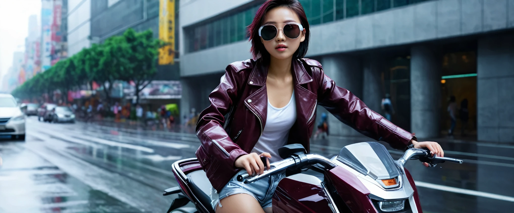 a young chinese girl riding a high-tech futuristic motorcycle, wearing a dark burgundy jacket, white tank top, and shorts, sunglasses on her head, perfect figure and skin, in a modern rainy city, hyper realistic, technologically advanced, camera flash, atmosphere, glowing, detailed, complex, vibrant colors