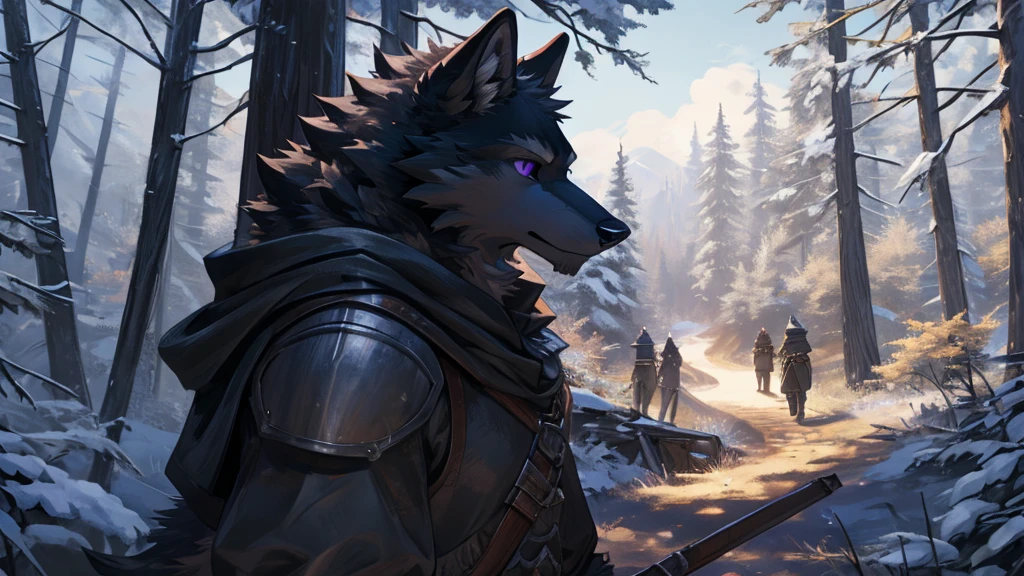 1 person, Black Wolf ears, Wolf, black, fur black, Wolf tail, (Detailed face), Purple eyes, Medieval, Forest Background, (Adventurer's Armor), (((old))) , Playing the sitar
