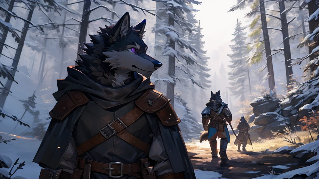 1 person, Black Wolf ears, Wolf, black, fur black, Wolf tail, (Detailed face), Purple eyes, Medieval, Forest Background, (Adventurer&#39;s Armor), (((old))) , Playing the sitar