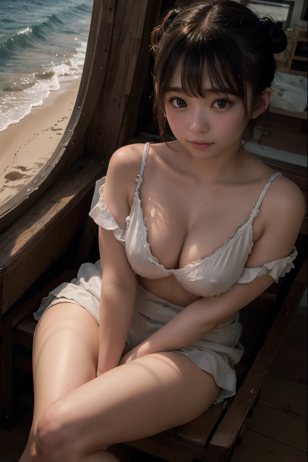 8K, RAW Photo, Best Quality, Masterpiece, Realistic, PhotoRealistic, Extremely Detailed 8K Wallpaper, Beautifully Detailed Eyes, Finely Detailed Face, 
 BREAK 
(Cinematic Lighting, High-Key Lighting, Ambient Light), 
 BREAK 
Background Serene Seascape, (1 Girl Undressed at Sandy Beach where Nobody was:1.2), 
 BREAK 
Perfectly Anatomically Correct, 5 Beautiful Finger, 
 BREAK 
1 Girl, (Very Short Hair Bun:1.2), Japanese, Captivating Eye Reflections, Wide-Set Eyes, Big Eyes, Almond-Shaped Eyes, Tareme, Double Eyelids, Eye Bags, Blush, Embarrassed, Very White Skinned, -Yeld, 
nd Face, Chiseled Face, Round Chin, Thin Lips, Small Nose, Baby Faceal-shaped Face, Open Mouse Slightly, [[Pouted Cheek]], 
Brown Hair, Wet Hair, Messy Hair, 
[in Heat], Light Smiling, 
Looking Down Viewer, 
Weared UNIQLO Camisole + UNIQLO Very Short Bermuda Pants, 
(Straddling a Chair:1.2, Open Legs Wide:1.2), Skindantation:1.1, 
[Showing off Buttocks, Medium ASS Upturned, Beautiful Spherical Shape Buttocks], 
 BREAK 
SFW:1.1, Non-Nipple:1.1, 
 BREAK 
Eye Focus, from Below, Feet Out of Frame, Bokeh:1.4