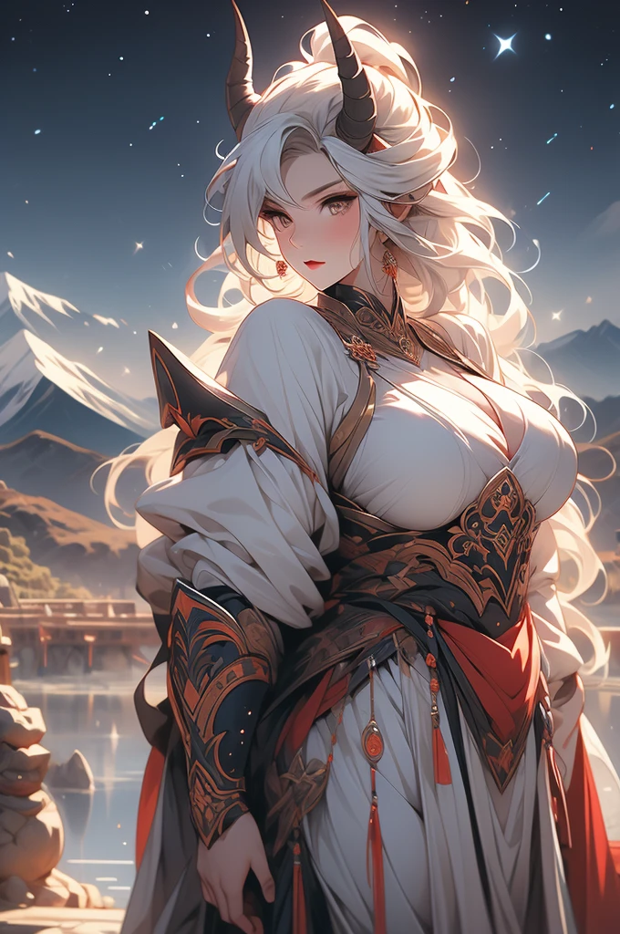 woman, tal, oni, ogre, sheer white skin, white hair, mountains, night, stars, powerful, voluptuous, revealing armor, horns