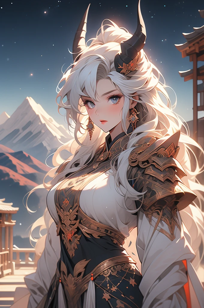 woman, tal, oni, ogre, sheer white skin, white hair, mountains, night, stars, powerful, voluptuous, revealing armor, horns