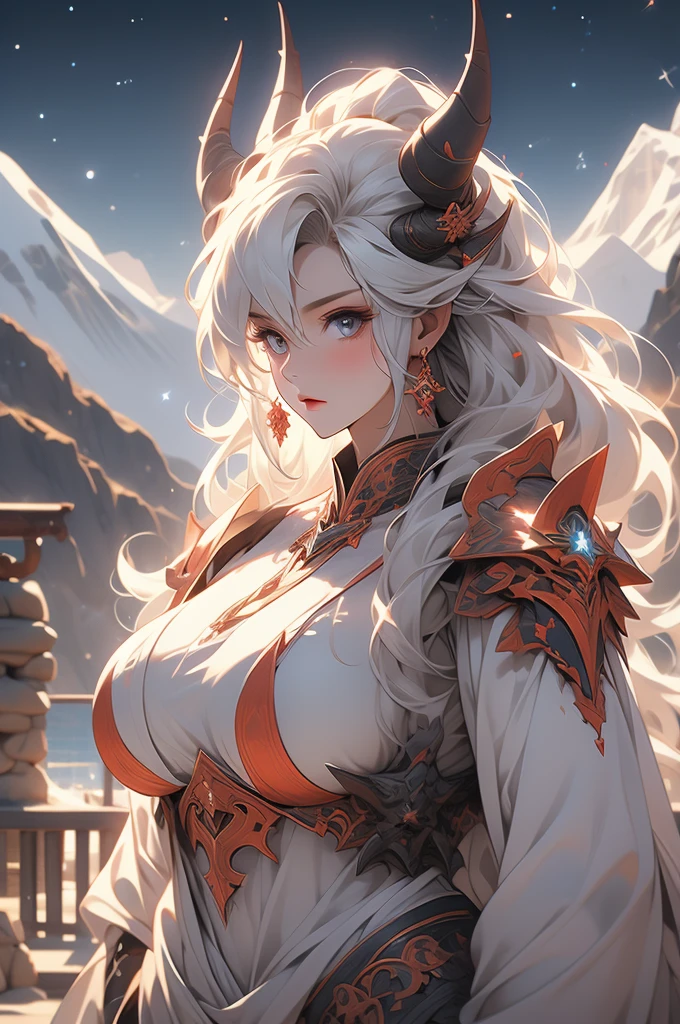 woman, tal, oni, ogre, sheer white skin, white hair, mountains, night, stars, powerful, voluptuous, revealing armor, horns