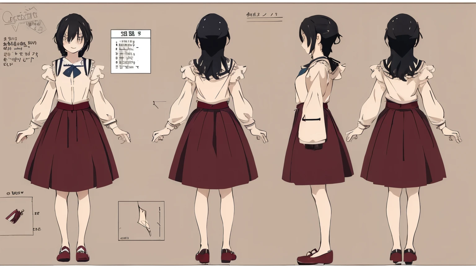 (high quality, masterpiece), 1girl, 15 yo, cute, standing girl, three view drawing, front and back and side, character sheet ,full body, simple background, anime, black hair, a like to Beyond the Boundary's Mirai
