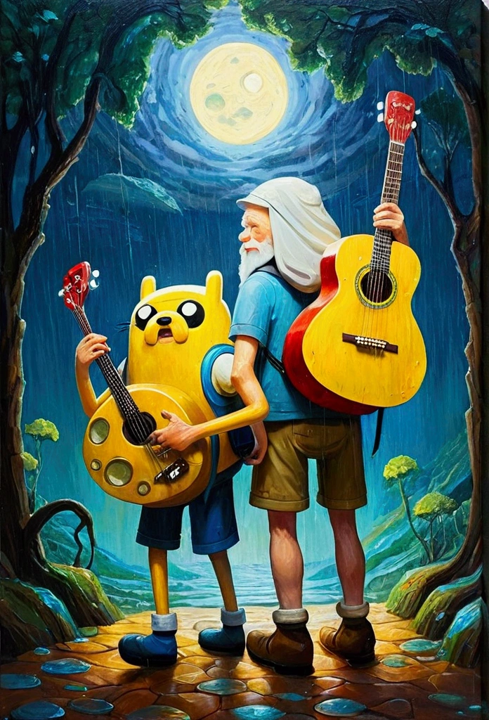 In the depths of the night, A young man and an old man ,Finn and Jake,Adventure time，Two men carrying guitars on their backs，The rainy season, Best composition,  A masterpiece oil painting on a white background, Impasto plate.