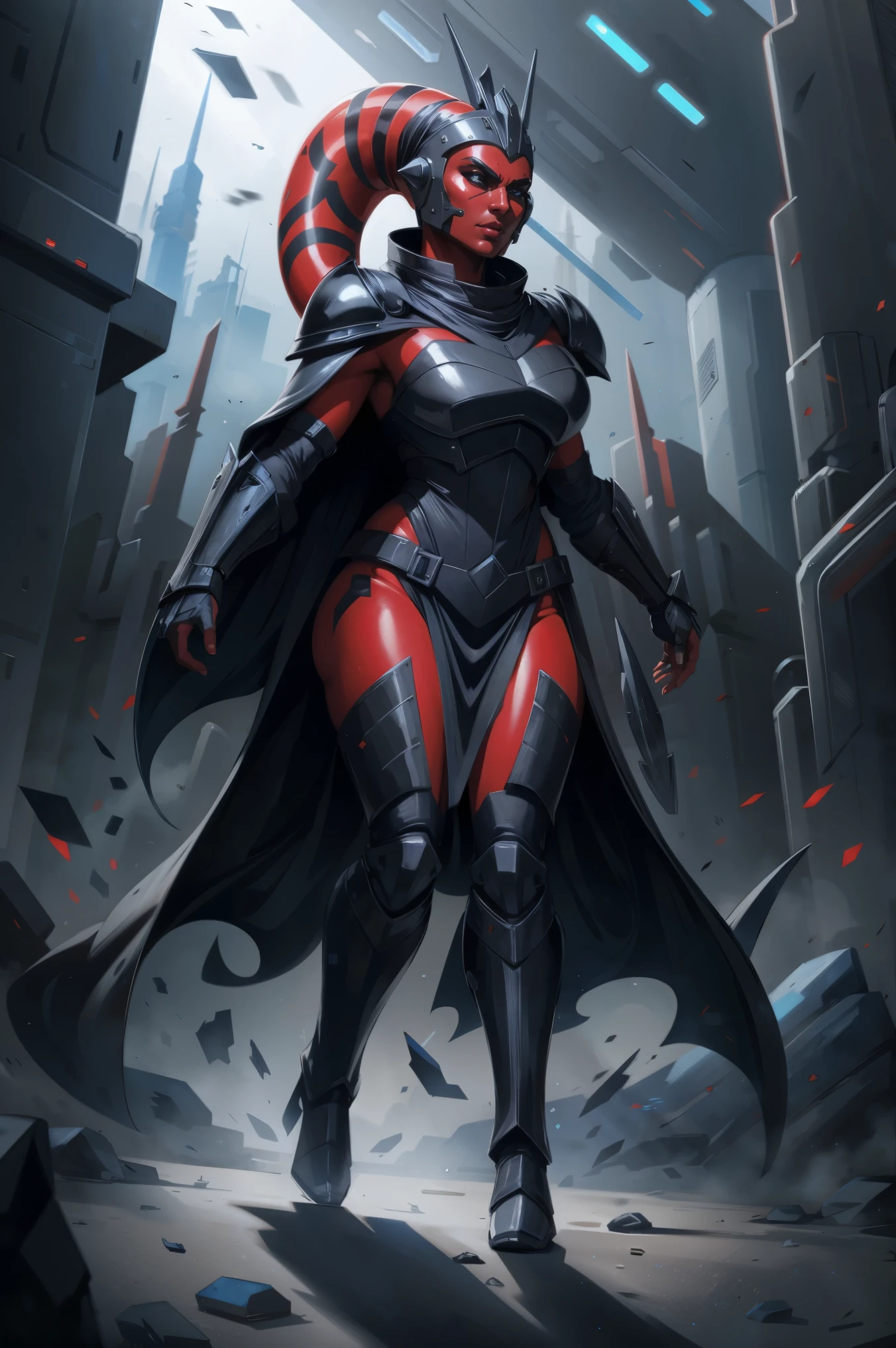 Brutal Red Skin Twi'lek Warrior with huge breasts wearing futuristic ((sleek (black) armor, black armor)) robes, cowl, crown, helmet, cape, huge breasts, slim hips, small waist, full-body shot