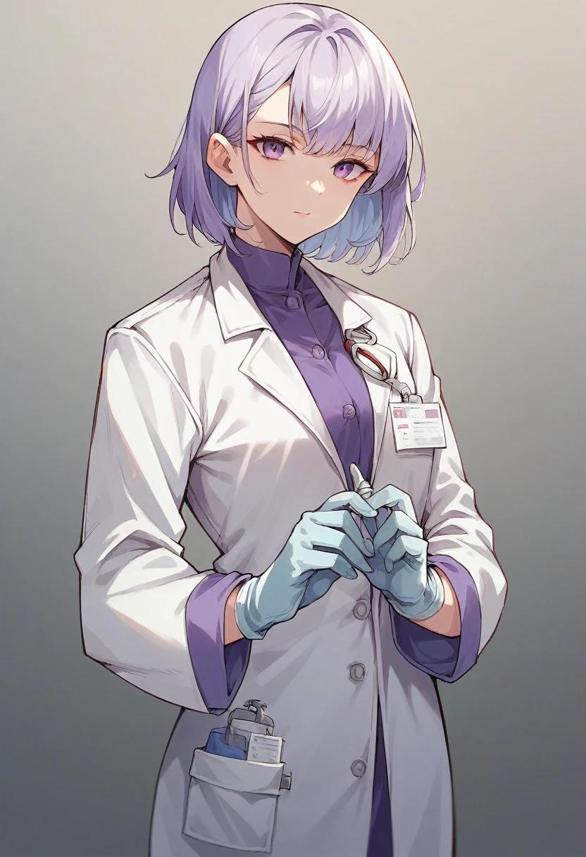 1girl, bangs, ((purple medical gloves)), ((((long sleeves)))), ((white surgeon outfit)), looking at viewer, ((white doctor outfit)), standing, solo