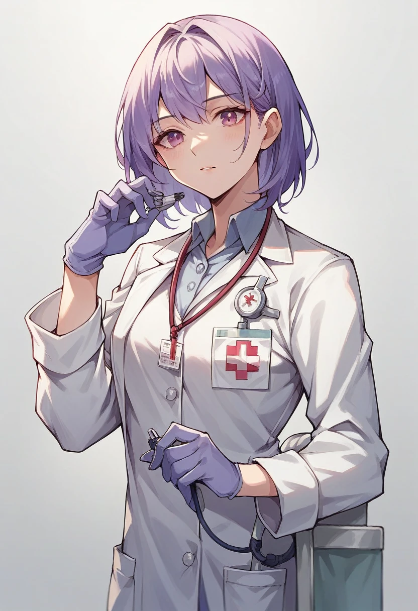1girl, bangs, ((purple medical gloves)), ((((long sleeves)))), ((white surgeon outfit)), looking at viewer, ((white doctor outfit)), standing, solo