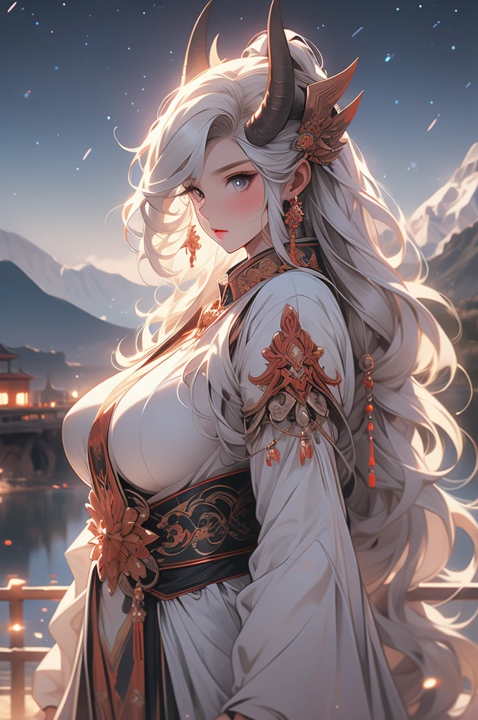 tall, oni woman, sheer white skin, white hair, mountains, night, stars, powerful, voluptuous, revealing armor, horns