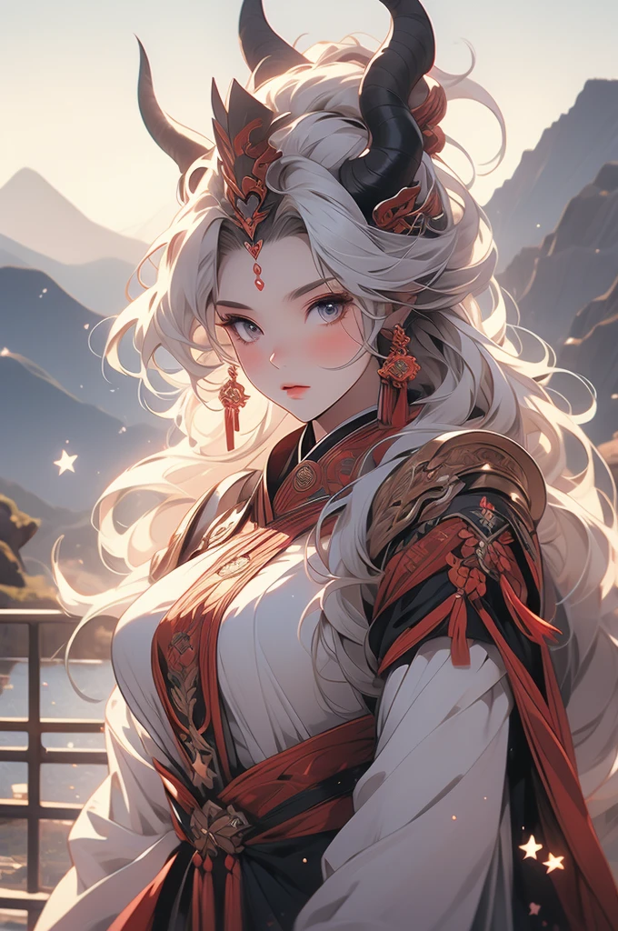 tall, oni woman, sheer white skin, white hair, mountains, night, stars, powerful, voluptuous, revealing armor, horns