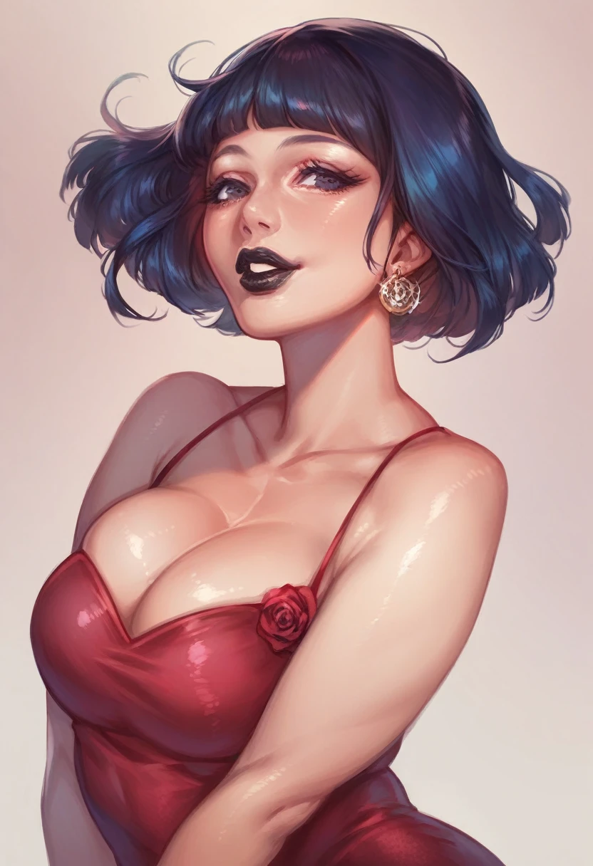 score_9, score_8_up, score_7_up, score_6_up, Character concept art of a asian milf, black lips, bob cut, cute face, gown