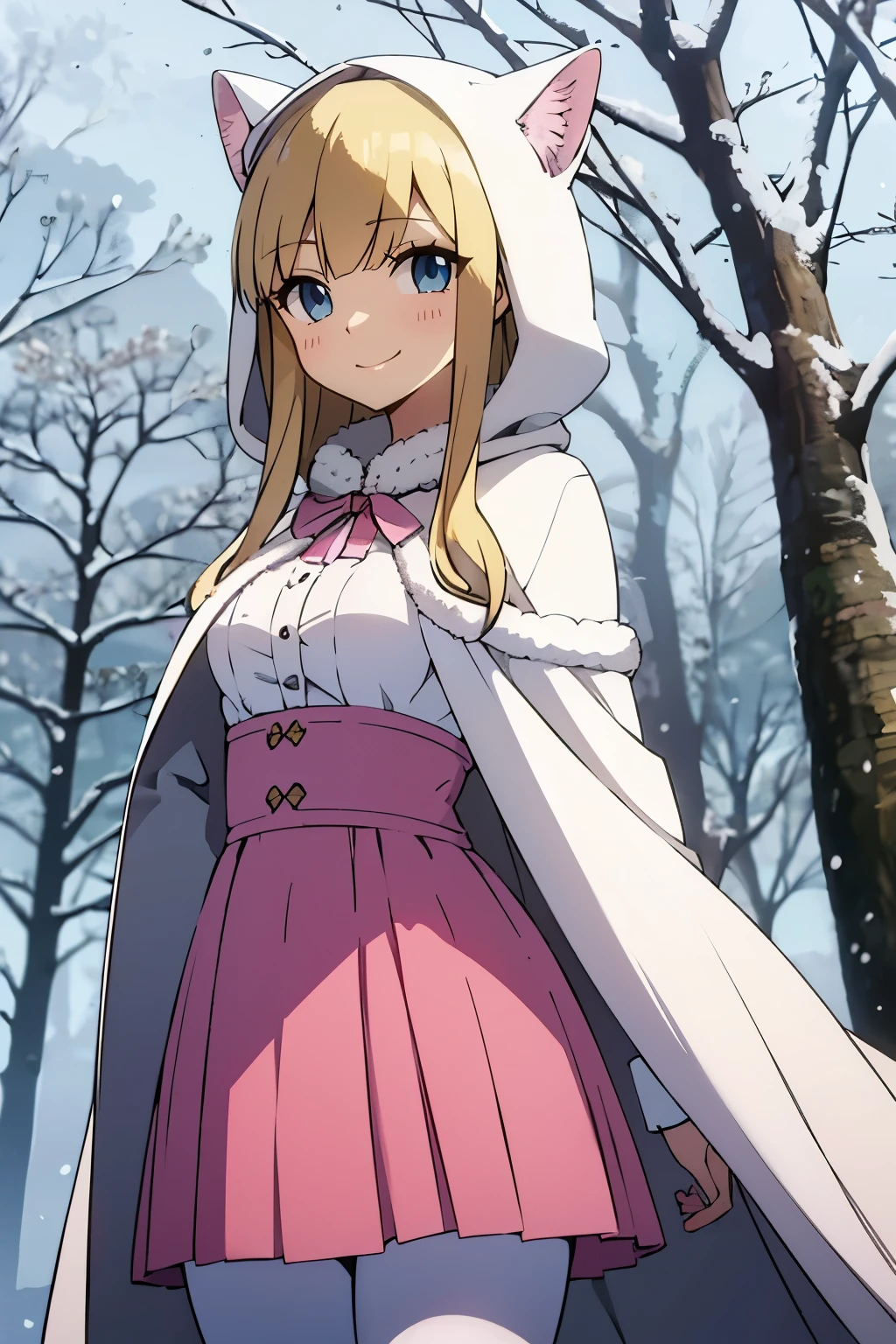 Safe for work, masterpiece, best quality, solo, 1 girl, cute girl, wholesome girl, (young female body:1.4), ( medium small breasts), cowboy shot, shy smile, flustered, yellow golden hair, extra long hair, thick wavy hair, hime cut, very blunt bangs, light blue eyes, detailed eyes, outside, snowy woods, wooden cabin in background, standing, pink dress, pink winter dress, dress with white fur, white cotton pantyhose, winter, long sleeve, pink dress, snowflake print on dress, thick winter pink dress, white fluffy fur trimmings, white fur, warm, pink dress, white cloak, fluffy cape, cape over shoulder, white cape, bows on dress, cape hood over head, hood with cat ears