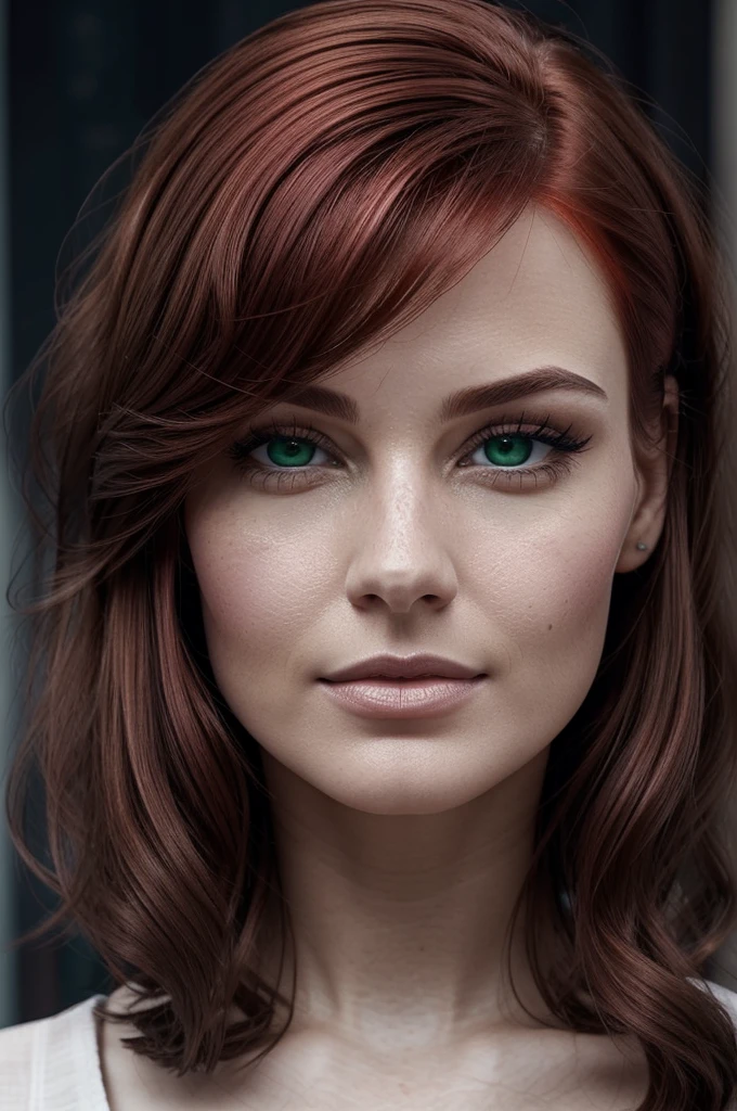 Ultra-realistic female character from the front looking at the camera with the following characteristics: face with defined contours, high cheekbones and full lips with a mole next to the lips. Vibrant red hair with highlights that fall softly over her face framed by a side fringe. a classic hairstyle with a sleek bob or vintage waves. large, expressive eyes with an intense color like emerald green