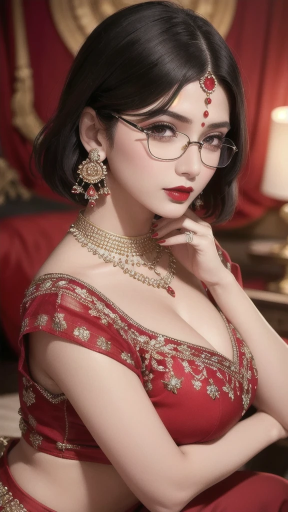 masterpiece, best quality, 1woman, solo, beautiful, short hair, black hair,red lipstick, magazine page , photoshoot,big detailed indian jhumka earrings,big earrings,long earrings,face makeup,shiny hair ,silky hair ,huge breasts, bracelet, necklace , blouse , eyeliner, eyeshadow,blush, foundation, perfect nose,fake glasses