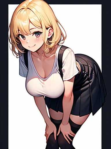  (Highest quality, High resolution,  Pixel perfect, Depth of written border, 4K), (Detailed face), (1 girl), Perfect body, Blonde, (Both sides up), Large Breasts, White T-shirt, Open the chest, (black suspender skirt), (Knee-high), Are standing, Leaning forward, Put your hands on your knees, A light smile,