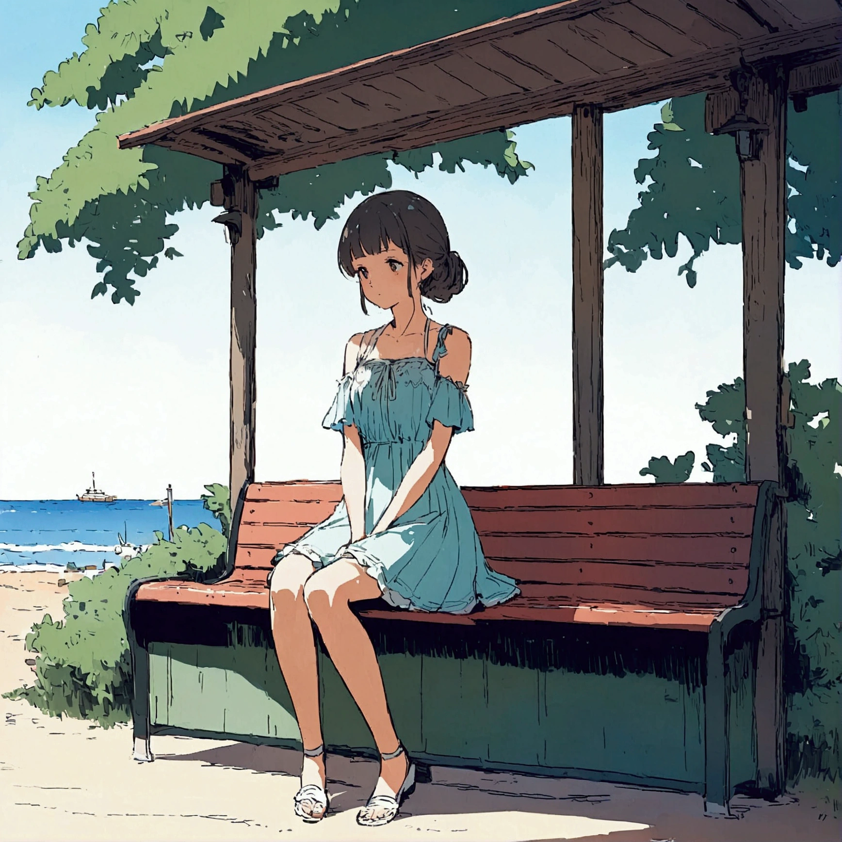 Seaside bus stop summer sitting girl nostalgic